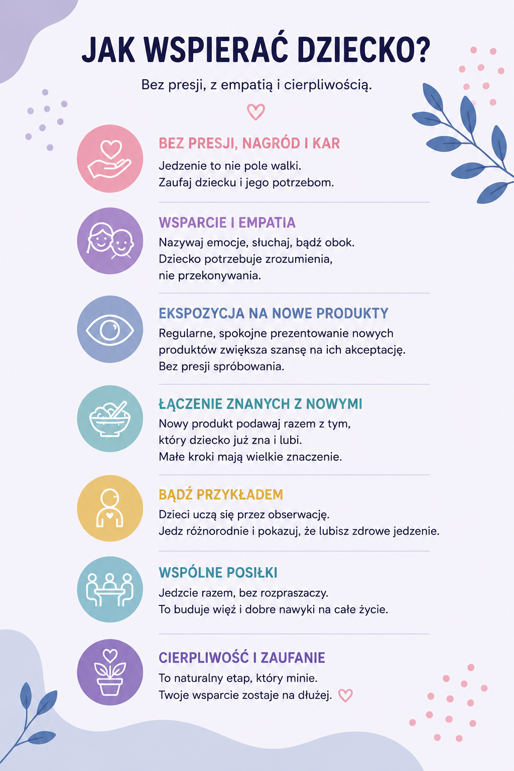 Infografika: jak wspierać dziecko z neofobią żywieniową bez presji